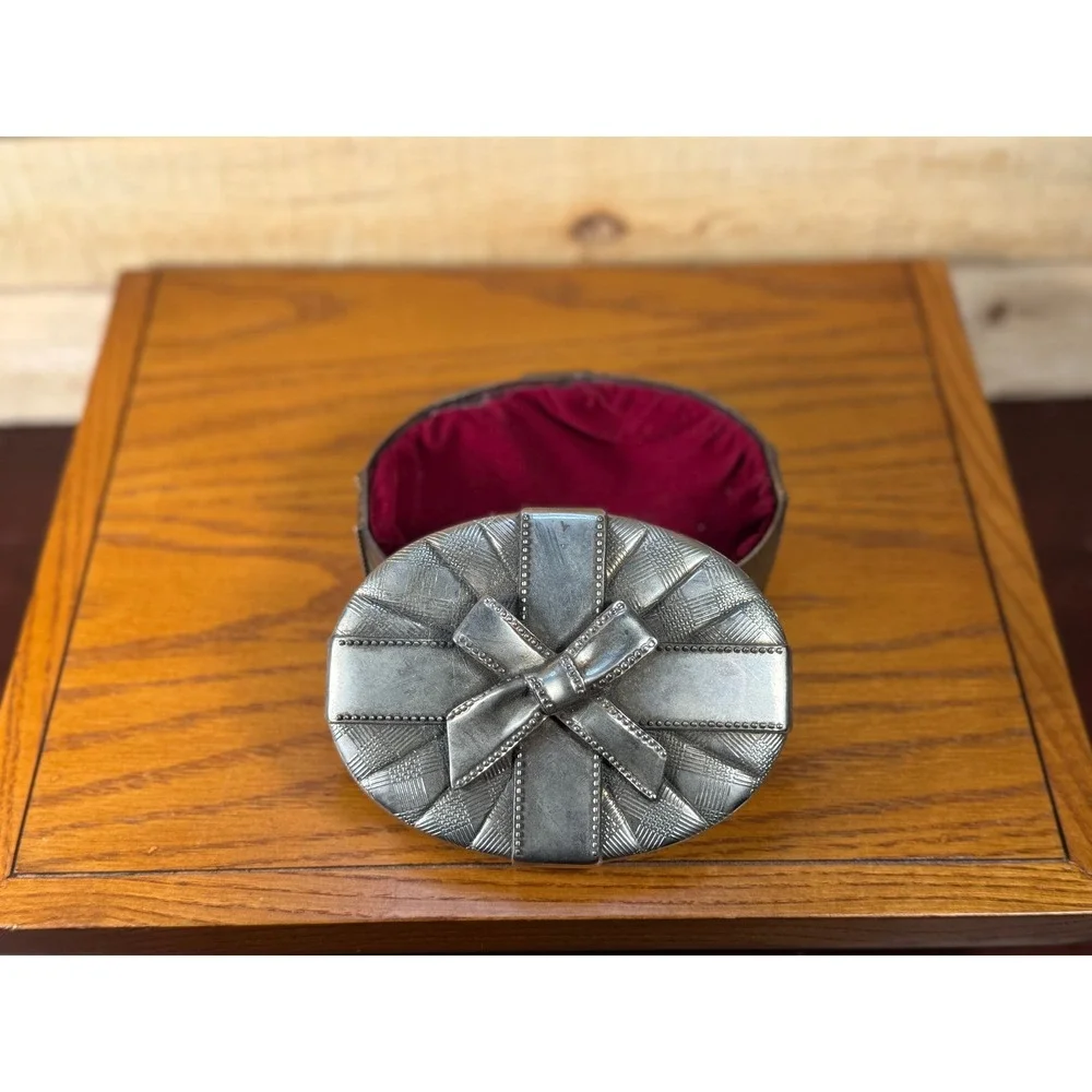 Vintage Godinger-Type 1991 Silver Plate Oval Bow Trinket Jewelry Box Velvet